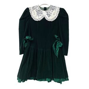Vintage Sarah Too Girls Size 12 Green Velvet Lace Bib Dress